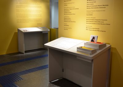 Entrada da exposição na Pinacoteca de São Paulo, imagem com duas bancadas de apresentação, na frente de paredes cor amarela contendo textos de abertura e ficha técnica.