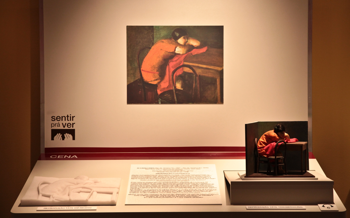 Bancada acessível da exposição com o tema Cena, contendo reprodução fotografica, maquete e relevo tátil e texto em dupla leitura da obra de Di Cavalcanti, sem título (figura sentada apoiada na mesa), sem data.