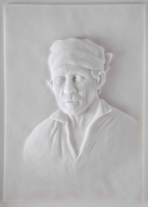 relevo tátil bidimensional em resina acrílica branca da obra de Almeida Júnior, intitulada estudo para cabeça de caipira.