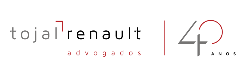 logotipo da empresa Tojal Renault, escritos em letra de forma nas cores cinza e preto, abaixo a palavra advogados escrito na cor vermelha, ao lado o numero 40 anos.