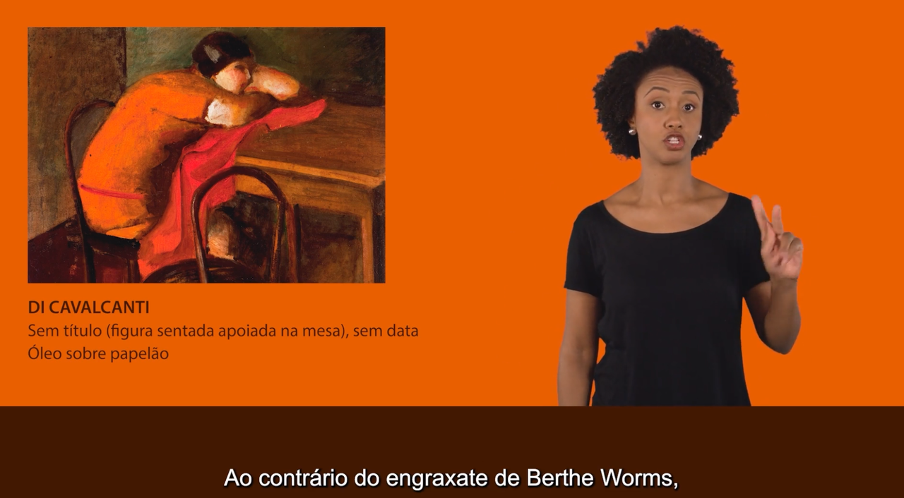 Imagem da tela do videolibras, com foto da obra de Di Cavalcanti ao lado direito da obra a interprete de Libras, sobre fundo laranja, logo abaixo as legendas do vídeo.